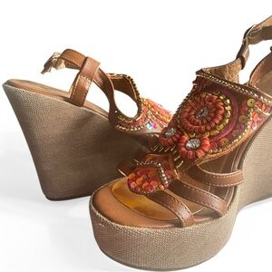 Yellow Box Brown and Orange Boho Wedges with Sequins and Beads